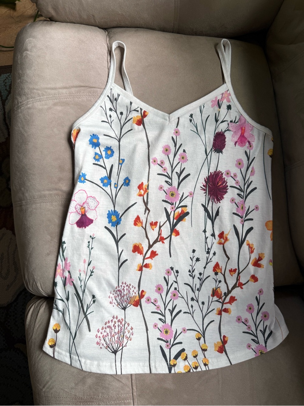 White Floral Print Slim-Strap Camisole